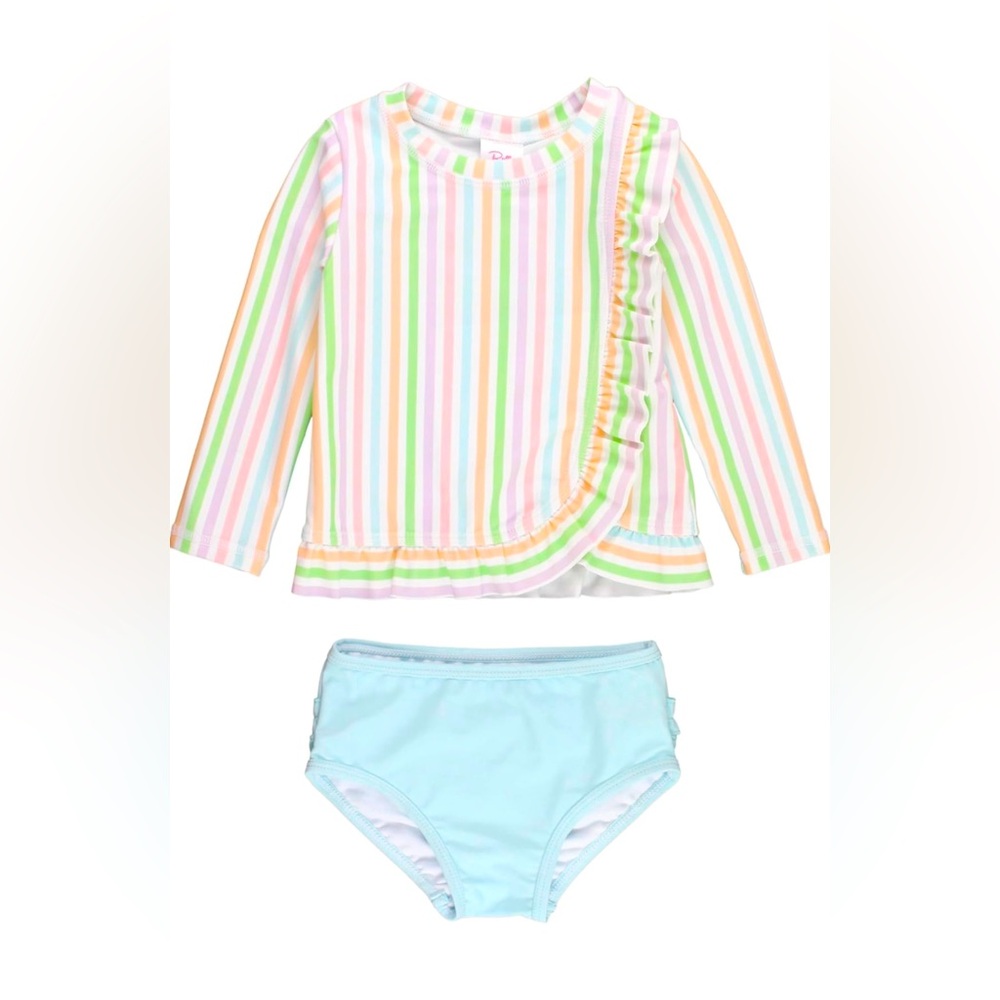Girls Ruffled Long Sleeve Rash Guard 2-Piece Swimsuit Pale Rainbow Stripe